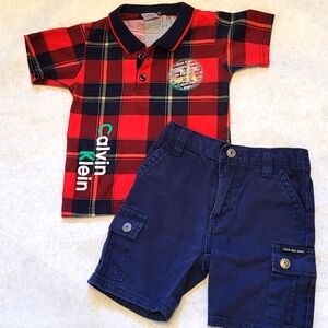 Calvin Klein plaid polo shirt and navy shorts set